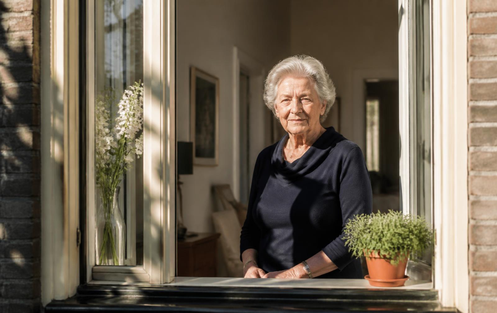 Oudere vrouw bij het raam van een lichte gelijkvloerse woning